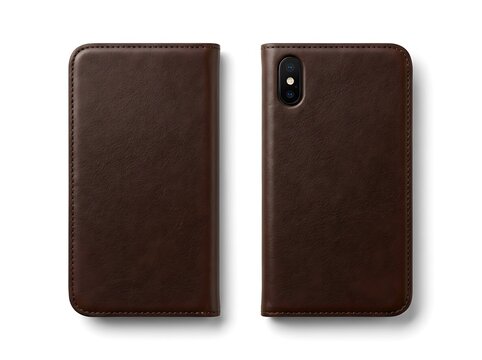 Brown leather wallet case for modern smartphone showing front and back view. leather iphone case