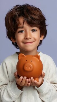 Smiling boy holding ceramic piggy bank in studio backdrop