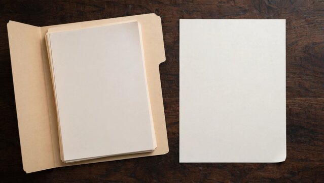 Top View of Open File Folder with Blank Paper and Separate Blank Sheet.