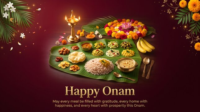 Happy onam festival poster featuring traditional sadya feast on banana leaf with Authentic