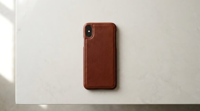 Brown leather smartphone case on a clean white marble table surface. leather iphone case