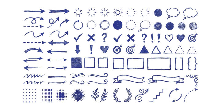 Collection of hand drawn arrows shapes and design elements in purple ink sketch style