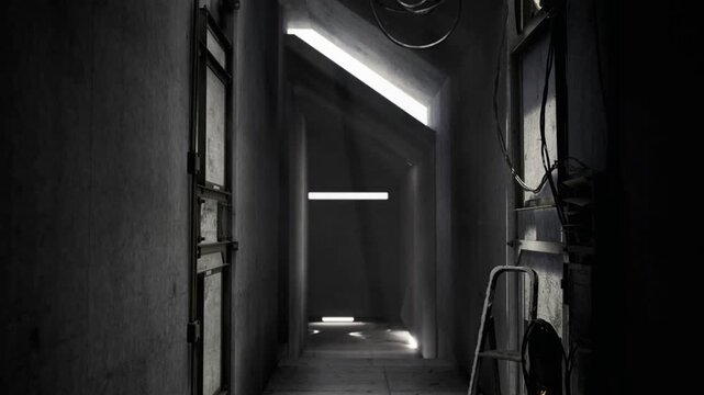 Violet toned narrow passage with ladder and overhead cables, moody grain and textured concrete, exposed infrastructure suggesting clandestine exploration,