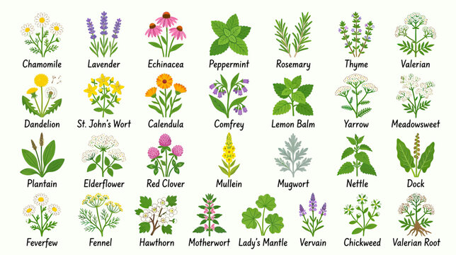 Collection of Herbal Plants and Flowers
