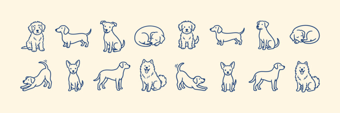 Hand drawn cute dog breed doodle set. Sketch funny puppies sitting, sleeping and playing outline vector illustration.