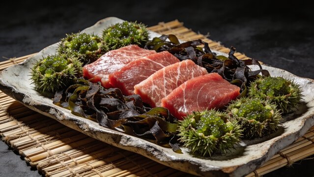 Raw Bluefin Tuna Slices with Sea Grapes and Kelp on Ceramic Plate