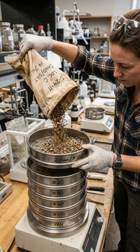 Geologist performs a meticulous grain size analysis of soil samples in a laboratory, utilizing a sieve stack to classify sediment particles for precise earth science research and study