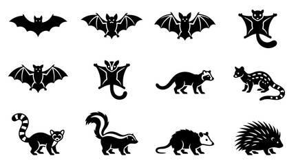 Naklejka premium Set of nocturnal animal silhouettes including bats and small mammals.