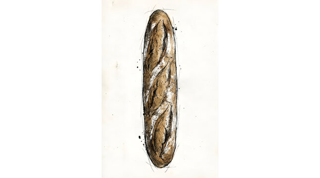 Artistic sketch illustration of freshly baked crusty french baguette bread with baguette, illustration