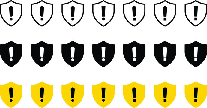 Shield icon with exclamation mark representing security warning, risk or alert. Suitable for cybersecurity notifications, system warnings, danger messages, protection issues and attention or caution.