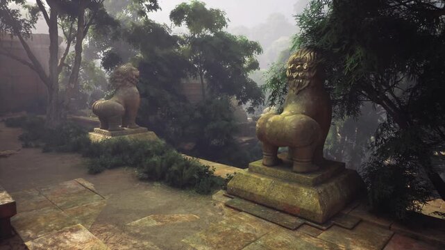 Paired guardian statues in misty grove, low viewpoint emphasizing stone silhouettes, overgrown plinths and dense vegetation suggesting forgotten sanctuary
