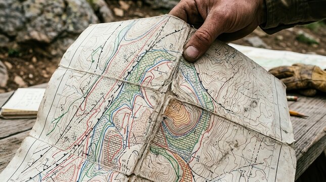 A weathered geological survey map held by a rugged hand