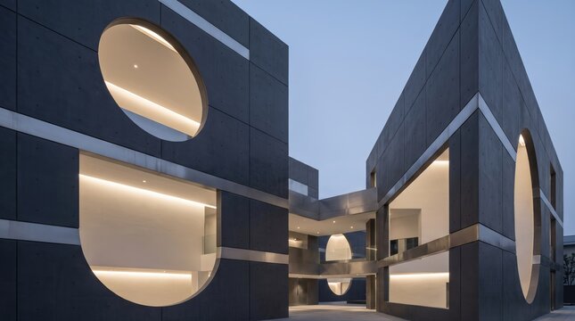 Contemporary architectural design featuring dark grey concrete facade with circular openings lights.