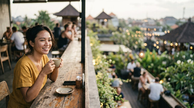 A smiling woman enjoys a cup of coffee on a balcony overlooking a bustling outdoor cafe with lush greenery and warm lights.