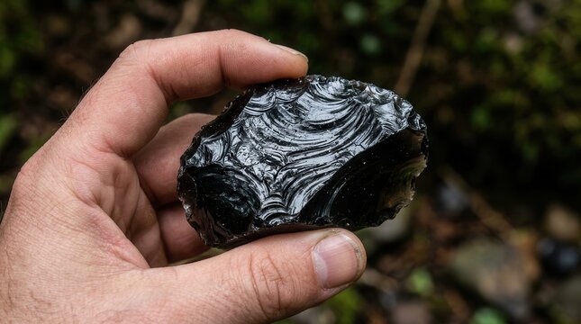 A Hand Holding a Polished Piece of Volcanic Obsidian Glass Featuring Intricate Conchoidal Fracture Patterns and a Deep Lustrous Texture Found in Natural Geological Formations