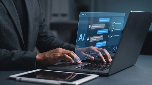 Business professional typing on a laptop with an artificial intelligence chat interface hologram