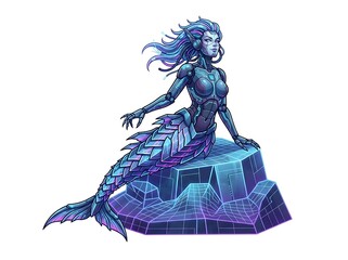 Futuristic robotic mermaid sitting on geometric rock. © Vidya Rahmandari