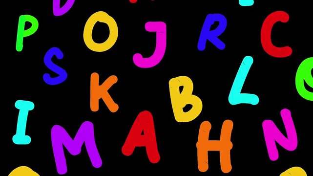 Dynamic animation featuring vibrant, hand-drawn multi-colored letters drifting across a dark void. Perfect for educational, school, or creative children's content.