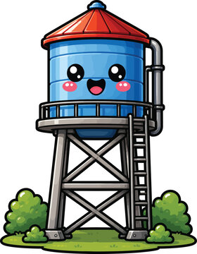 Cute smiling water tower cartoon mascot vector illustration isolated on white background for utility infrastructure, municipal services and engineering designs