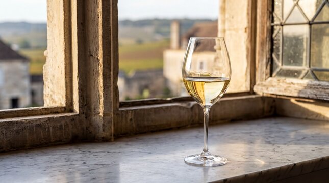 Luxury wine experience, a crystal stem holds a pale gold chablis, illuminated by soft afternoon light