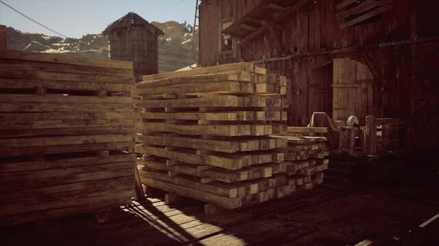 Shaded gateway and stacked planks namibia, lowangle sunlight peeking past corrugated buildings, layered textures of wood and metal, evocative scene suggesting