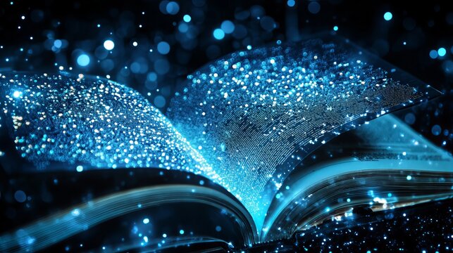 An open book glows with magical blue light and shimmering glitter, representing knowledge, fantasy, and the enchanting power of storytelling and imagination