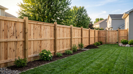 Fototapeta premium Residential backyard wooden privacy fence in summer landscape with backyard, residential