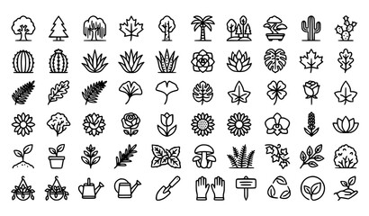 Fototapeta premium Botanical Nature Outline Icon Collection with Trees Flowers Succulents Cactus and Garden Plants