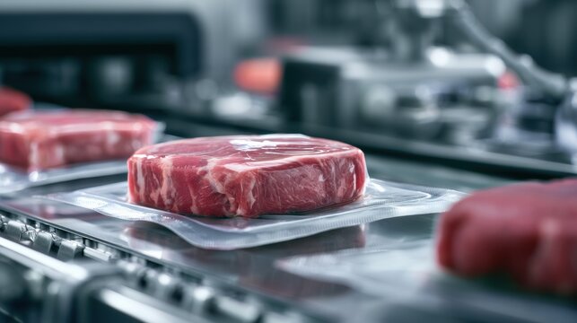 Packaged Beef Raw steaks packaged in vacuum-sealed plastic on a conveyor belt in a modern meat processing facility.