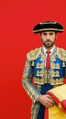 Fototapeta premium Matador in Ornate Blue and Gold Traditional Bullfighting Attire Standing Against a Striking Red Background