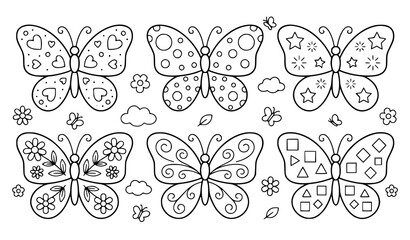 Fototapeta premium Decorative Butterfly Outline Collection with Floral Wings Cute Insects and Nature Doodle Elements