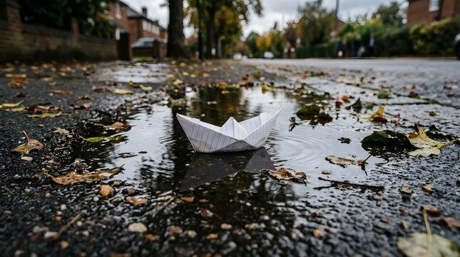 White paper boat floating in water puddle on asphalt street during rainy autumn day.
