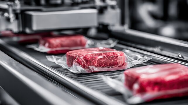 Packaged Beef Vacuum-sealed raw meat packages on a conveyor belt in a modern food processing facility.