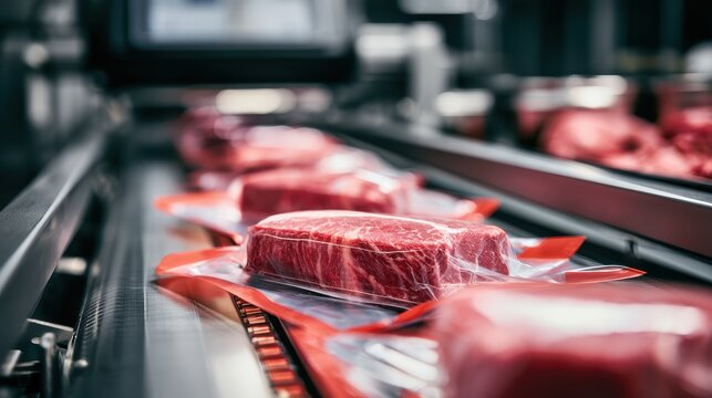 Packaged Beef Vacuum-sealed packaged meat products on a conveyor belt in a modern food processing facility.