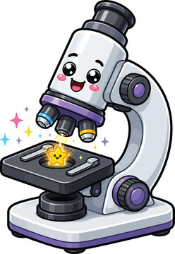 Cute smiling microscope cartoon mascot vector illustration isolated on white background for science education, biology and laboratory research