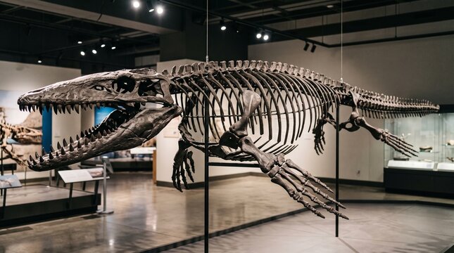 Complete Tylosaurus fossil skeleton on museum display. Ancient marine reptile prehistoric exhibit with detailed bones and ribs.