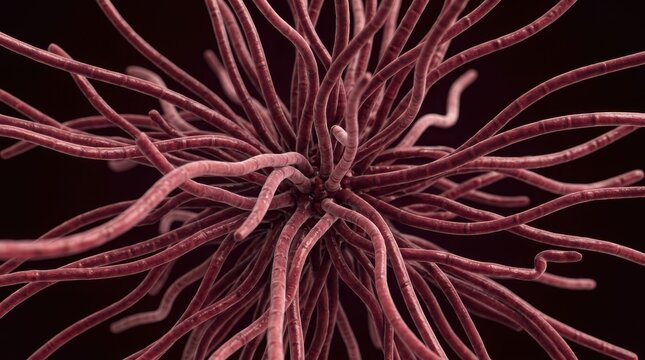 Abstract microscopic view of red fibrous nerve cells or biological structure with long thin branching tentacles on dark.