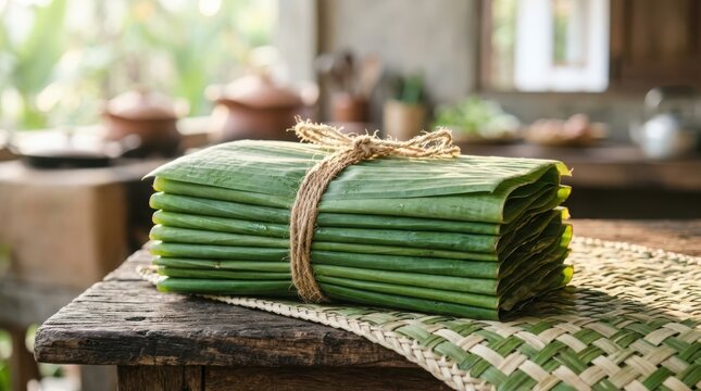 Stack of fresh green banana leaves tied with jute twine on rustic wooden table in sunny outdoor traditional kitchen area.