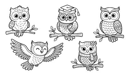 Fototapeta premium Cute Hand Drawn Owl Collection with Flying Perched Graduation and Woodland Bird Illustrations