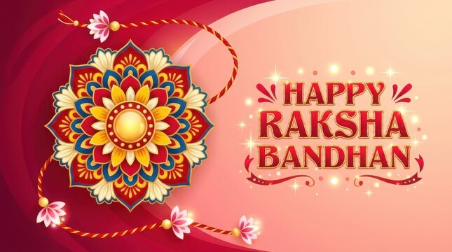 Raksha bandhan festival greeting card with floral design rakhi bracelet illustration on soft gradient red background art.
