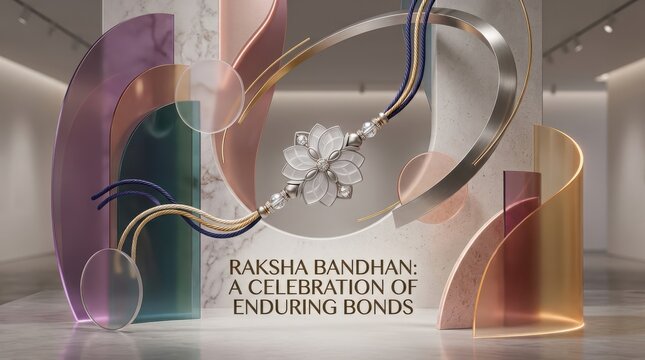 Modern artistic interpretation of raksha bandhan with silver flower rakhi and abstract glass shapes in museum gallery.