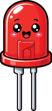 Cute smiling red LED electronic component cartoon mascot vector illustration isolated on white background for electronics, engineering and circuit designs
