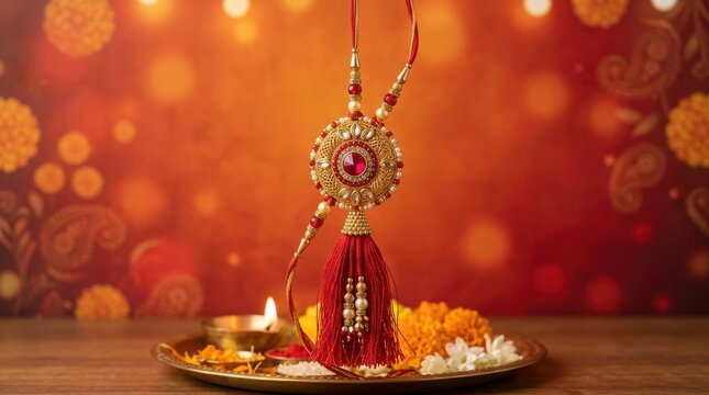 Golden rakhi bracelet featuring intricate metalwork and red stone displayed over brass thali with candles and flowers.
