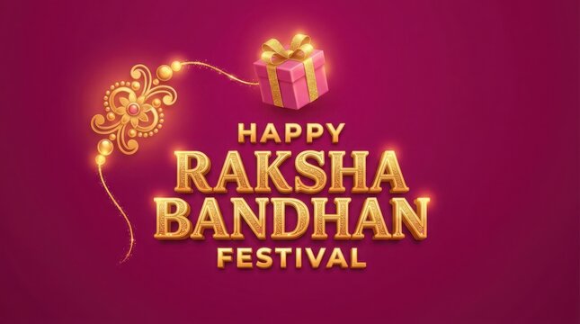 Happy Raksha Bandhan festival with golden rakhi gift and ornate text on magenta background.