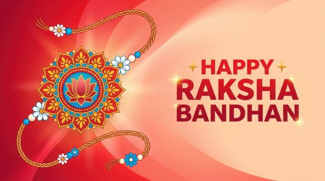 Happy raksha bandhan text and festive rakhi decoration on bright color gradient background for Indian festival.