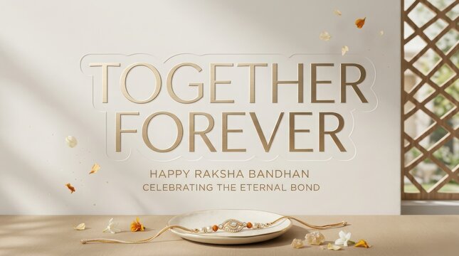 Minimalist raksha bandhan greeting card with gold rakhi on white plate and together forever text on sunlit wall background.
