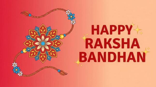 Happy raksha bandhan celebration greeting with floral rakhi bracelet design and glowing festive stars on soft background.
