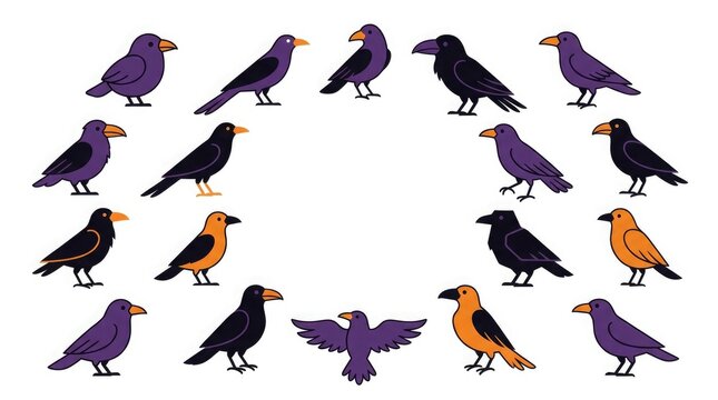 A collection of various crow and raven illustrations arranged in a circular pattern on a white background
