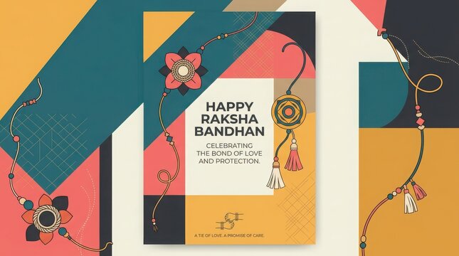 Modern geometric poster for raksha bandhan festival with abstract shapes colorful lines and stylized rakhi illustrations.