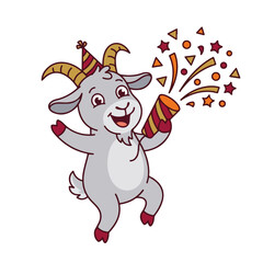 Fototapeta premium Happy goat mascot celebrating with a party popper and confetti. Festive cartoon character wearing a party hat. Isolated on white background